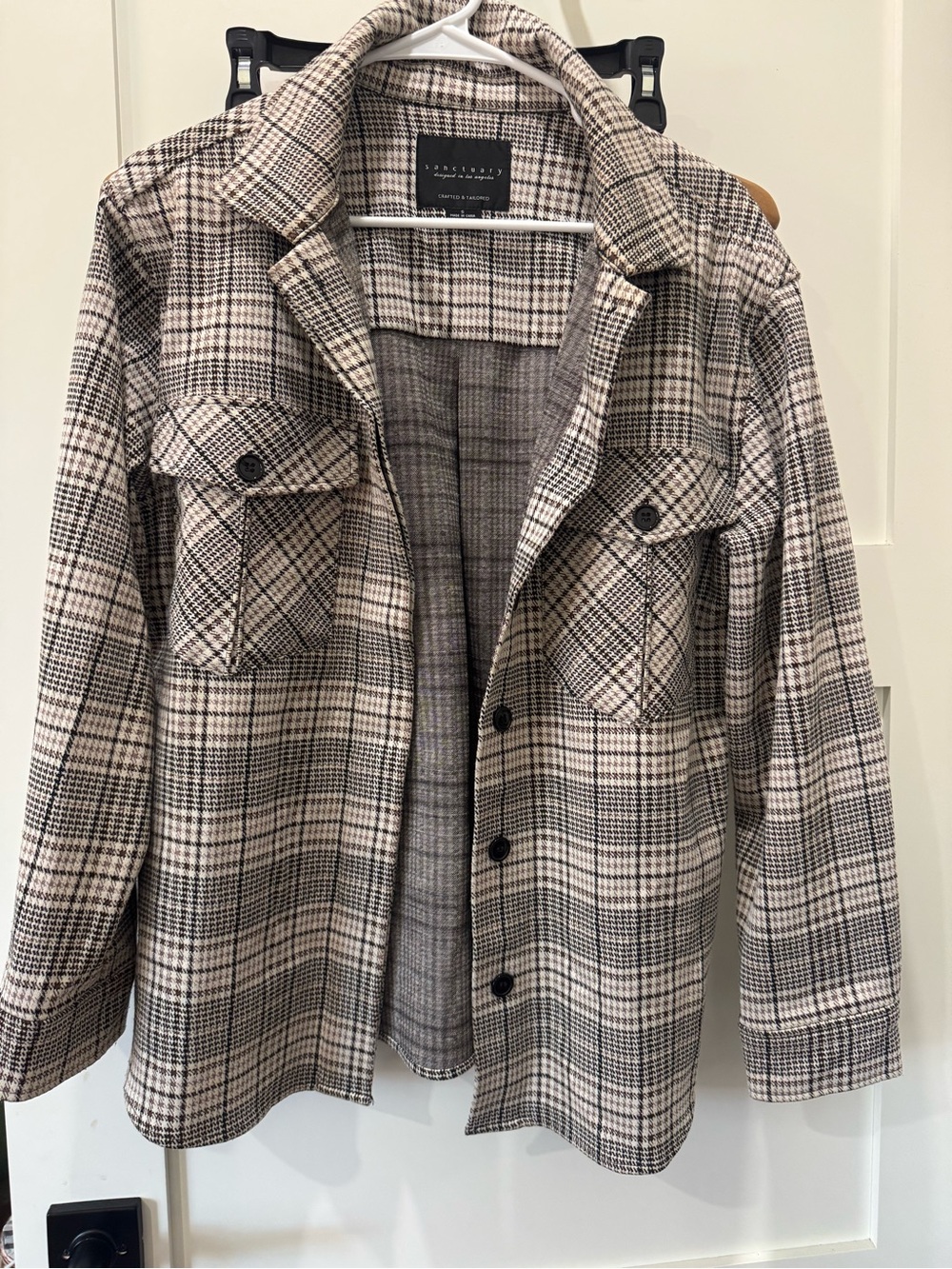Sanctuary Plaid Shacket Jacket in Beige and Black - Oversized Small